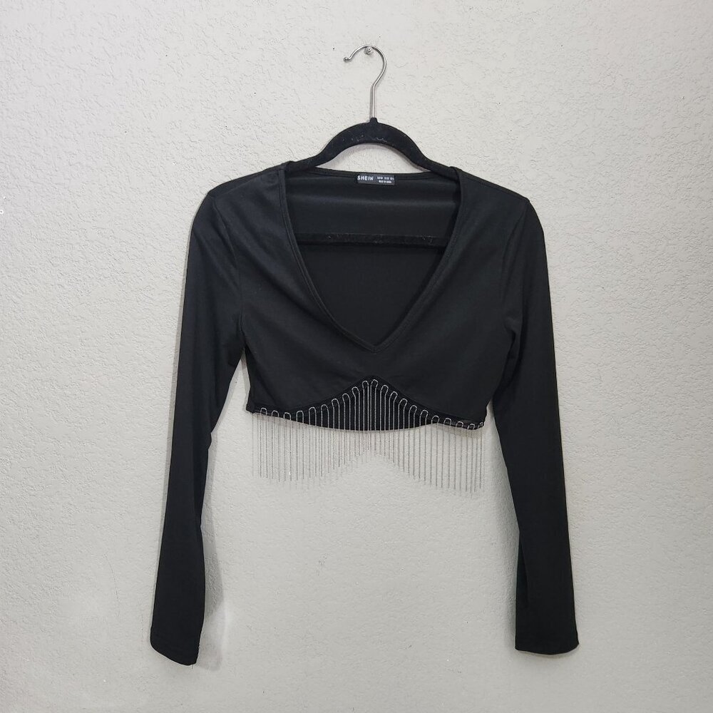 Shein Size M Black Long Sleeve Crop Top With Rhinestone Fringe Whimsigoth
